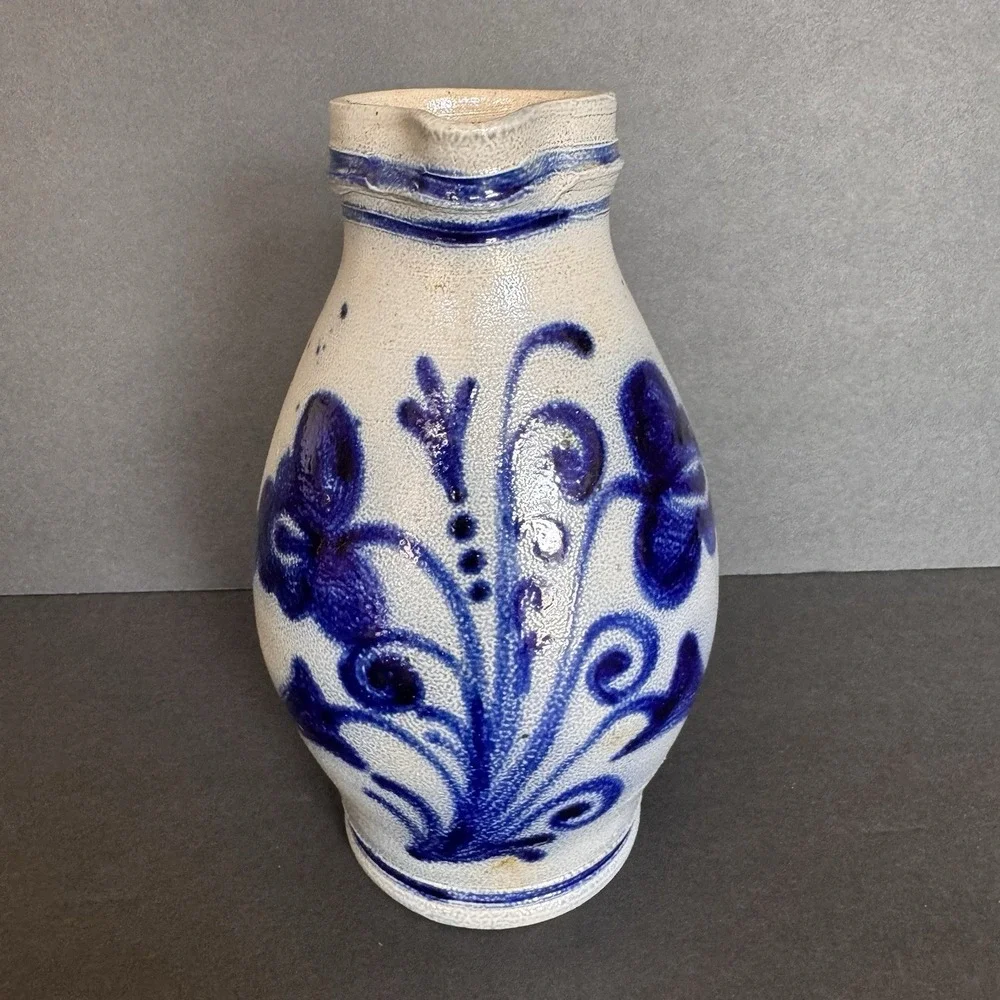 Vintage Westerwald German Gray & Hand Painted Cobalt Blue ~ Salt Glazed Pitcher